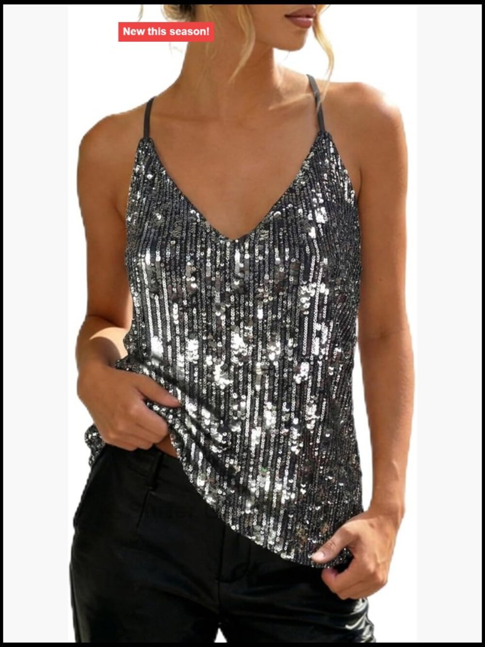 Sequin Tank Top Sleeveless V Neck Strappy Sparkly Glitter Party Women
